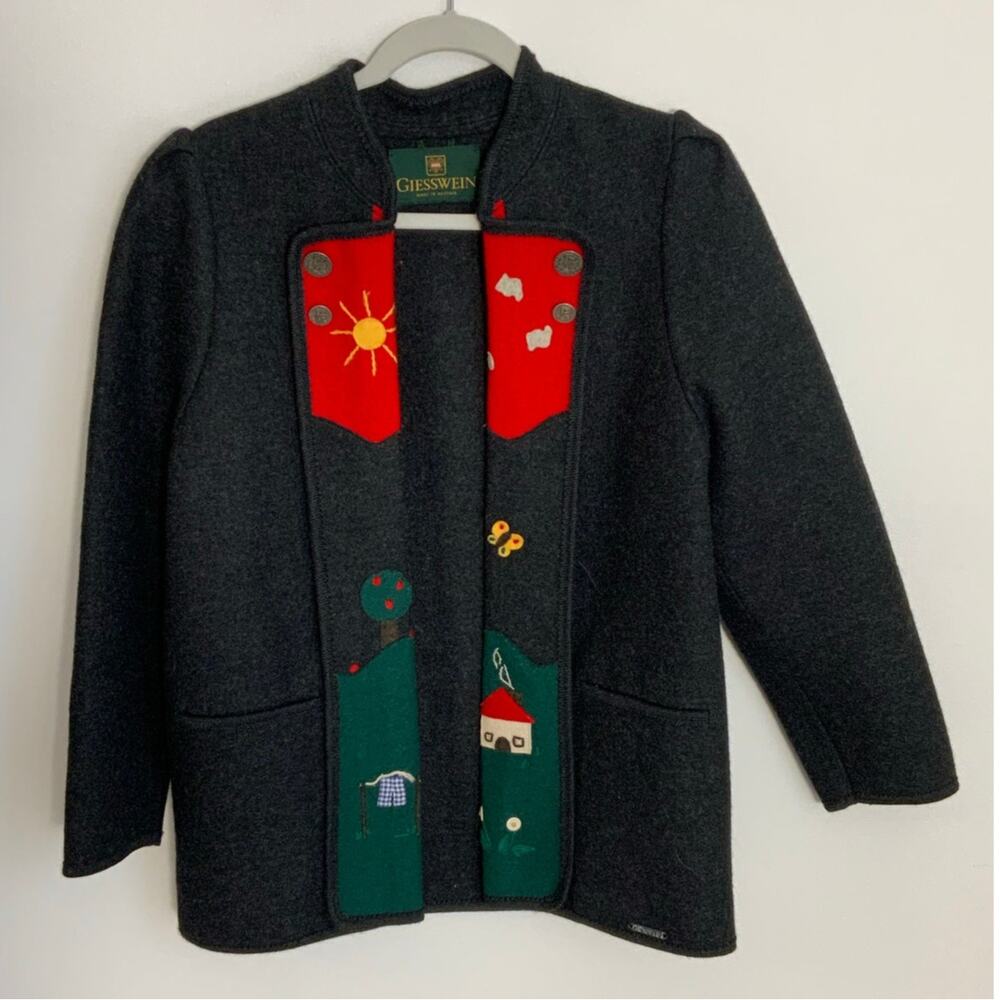 Giesswein boiled wool open front jacket women's size 8 apple tree sun clouds